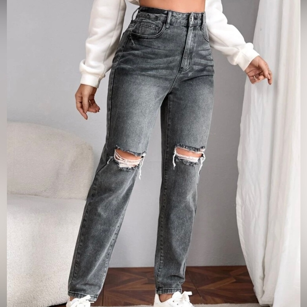 Dark Grey SHEIN Tall High Waisted Ripped Mom Fit Jeans